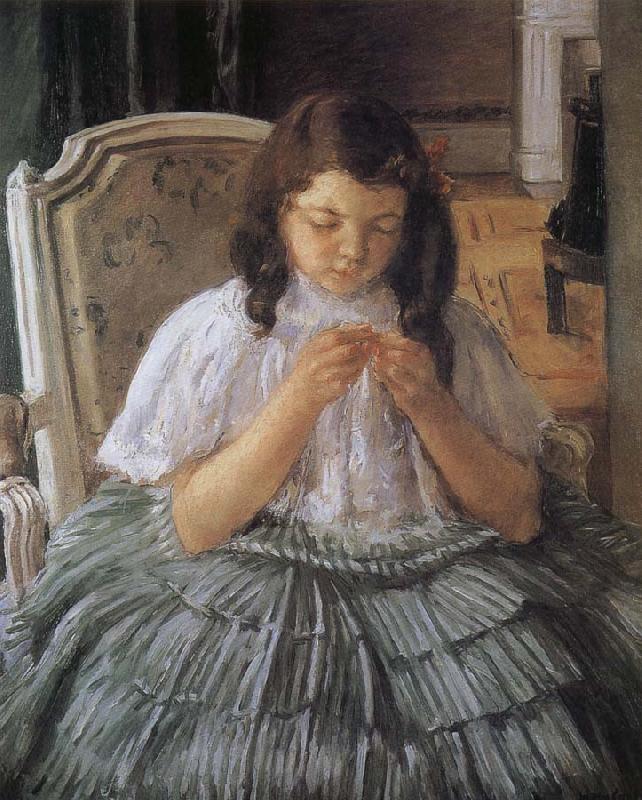 Mary Cassatt The girl is sewing in green dress oil painting image